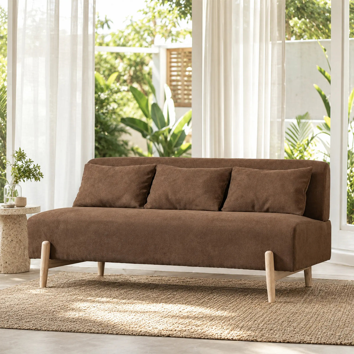 LIVARA Modern 3 Seater Sofa Cotton Linen Upholstery Solid Wood Frame High Rebound Cushions for Living Room Apartment Lounge - Coffee