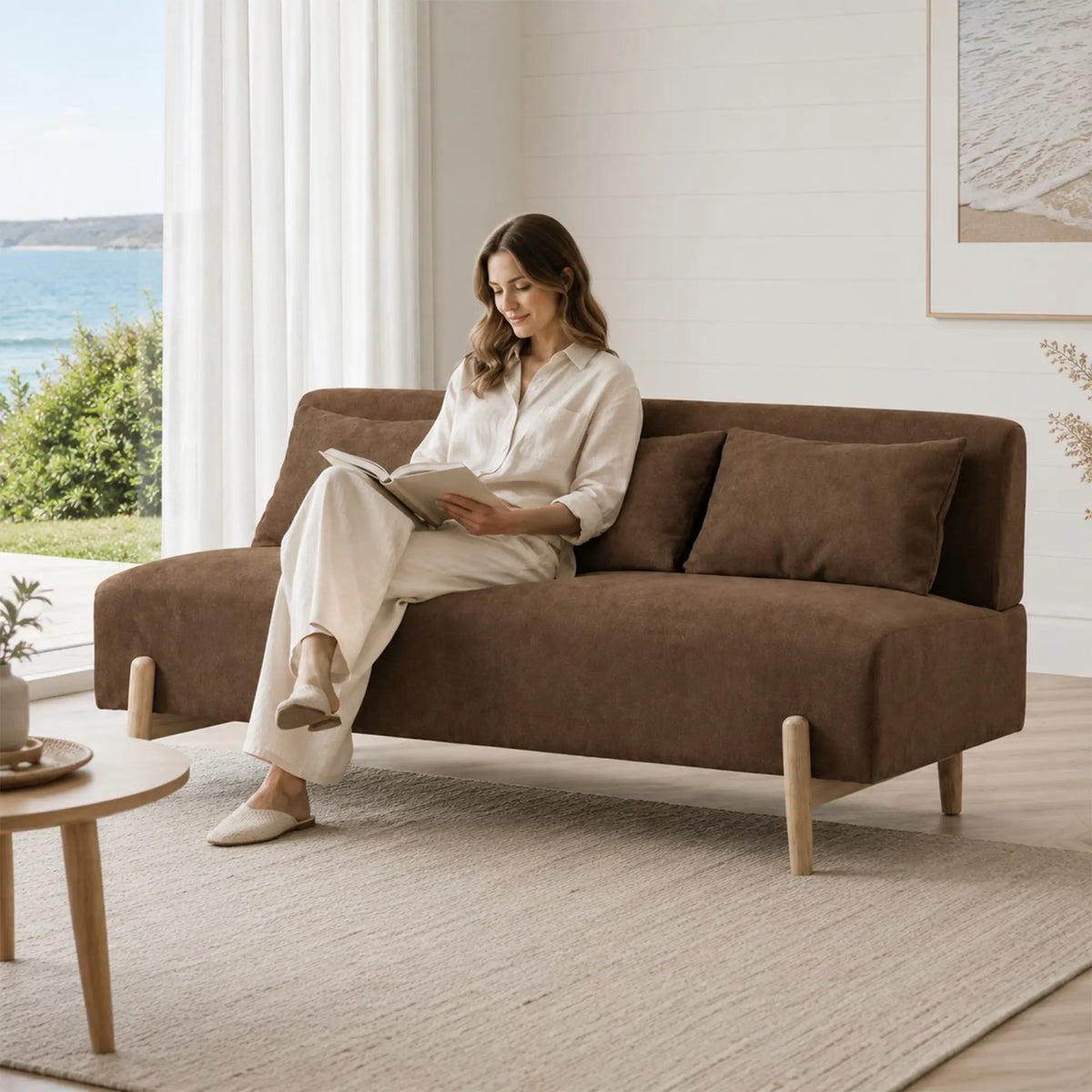 LIVARA Modern 3 Seater Sofa Cotton Linen Upholstery Solid Wood Frame High Rebound Cushions for Living Room Apartment Lounge - Coffee