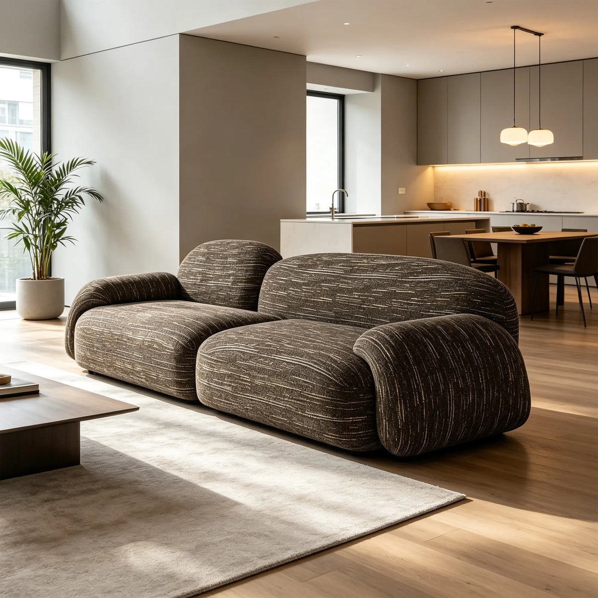 LIVARA Modular Sofa Cotton Linen Upholstery High Density Cushioning Solid Pine Frame 170/210cm for Living Room Apartment Lounge - Brown