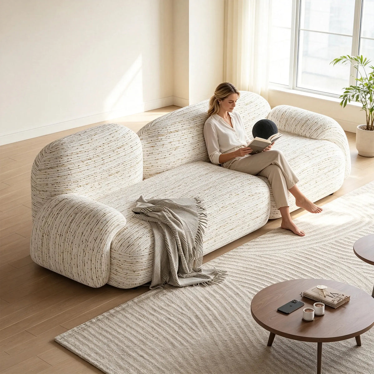 LIVARA Modular Sofa Cotton Linen Upholstery High Density Cushioning Solid Pine Frame 170/210cm for Living Room Apartment Lounge - White