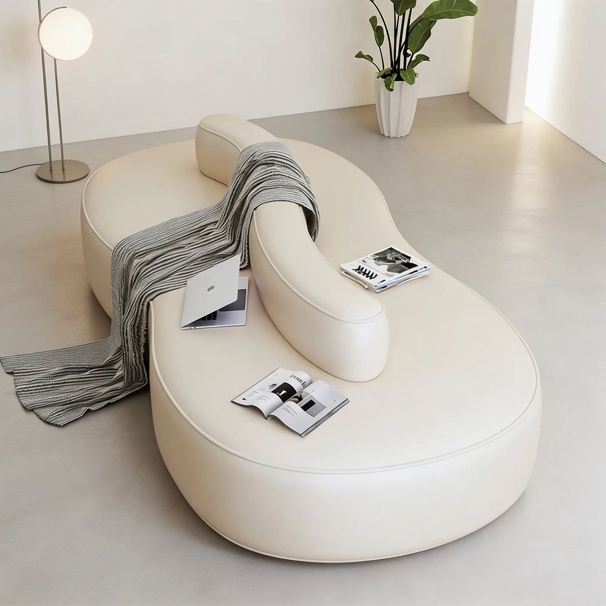 LIVARA Double Sided Modular Sofa Curved Design Scratch Resistant Upholstery High Resilience Cushion 160/210cm for Living Room Reception Area - White
