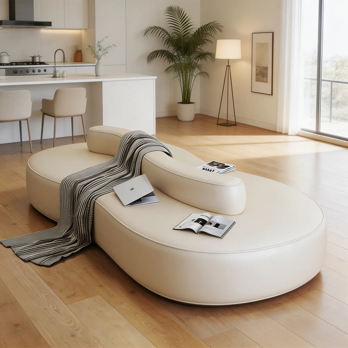 LIVARA Double Sided Modular Sofa Curved Design Scratch Resistant Upholstery High Resilience Cushion 160/210cm for Living Room Reception Area - White
