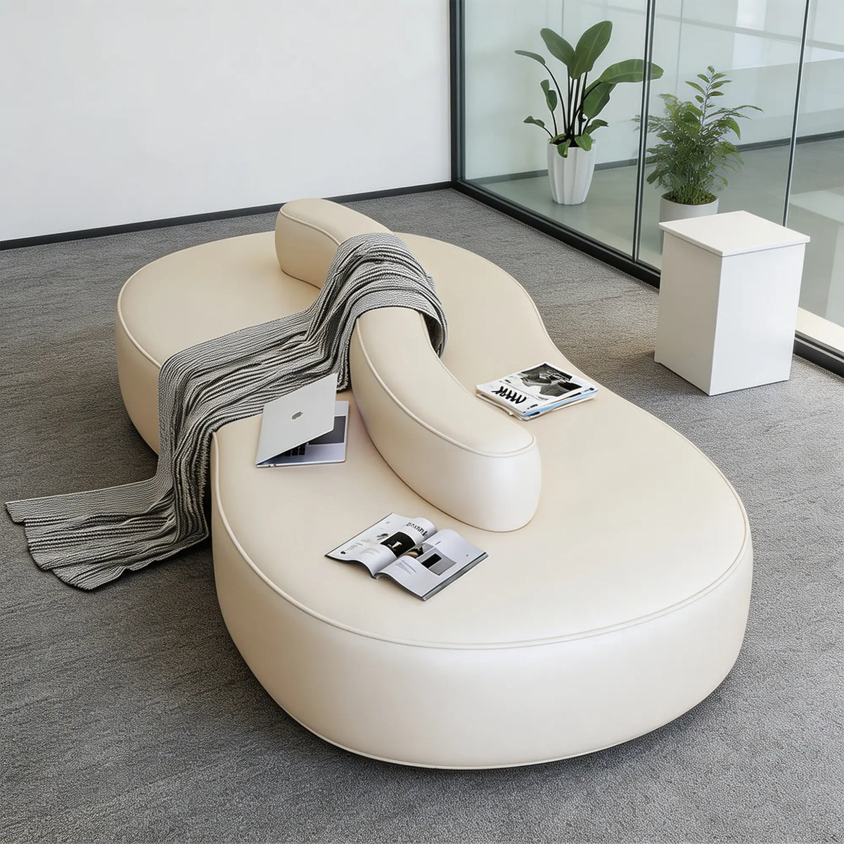LIVARA Double Sided Modular Sofa Curved Design Scratch Resistant Upholstery High Resilience Cushion 160/210cm for Living Room Reception Area - White