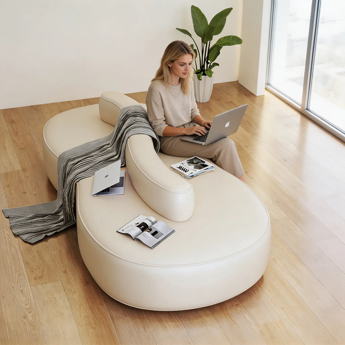LIVARA Double Sided Modular Sofa Curved Design Scratch Resistant Upholstery High Resilience Cushion 160/210cm for Living Room Reception Area - White