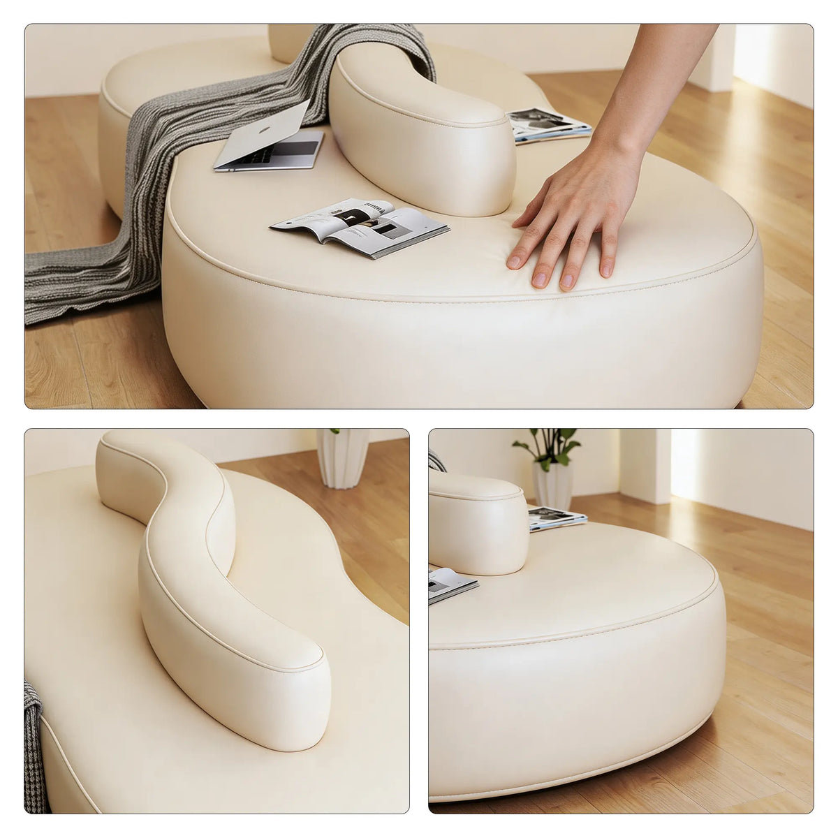 LIVARA Double Sided Modular Sofa Curved Design Scratch Resistant Upholstery High Resilience Cushion 160/210cm for Living Room Reception Area - White