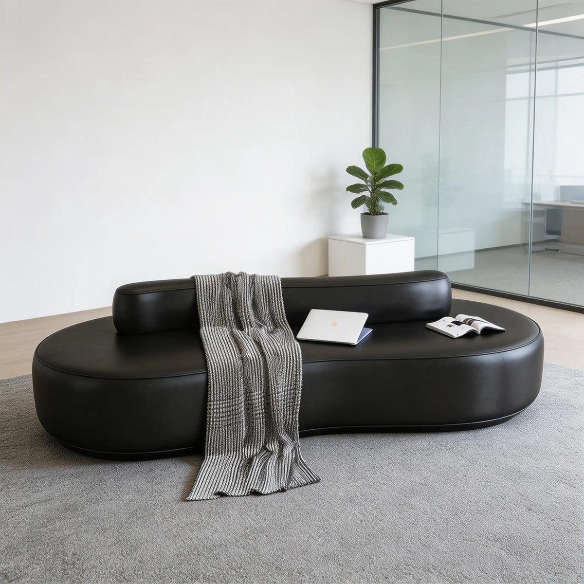 LIVARA Double Sided Modular Sofa Curved Design Scratch Resistant Upholstery High Resilience Cushion 160/210cm for Living Room Reception Area - Black