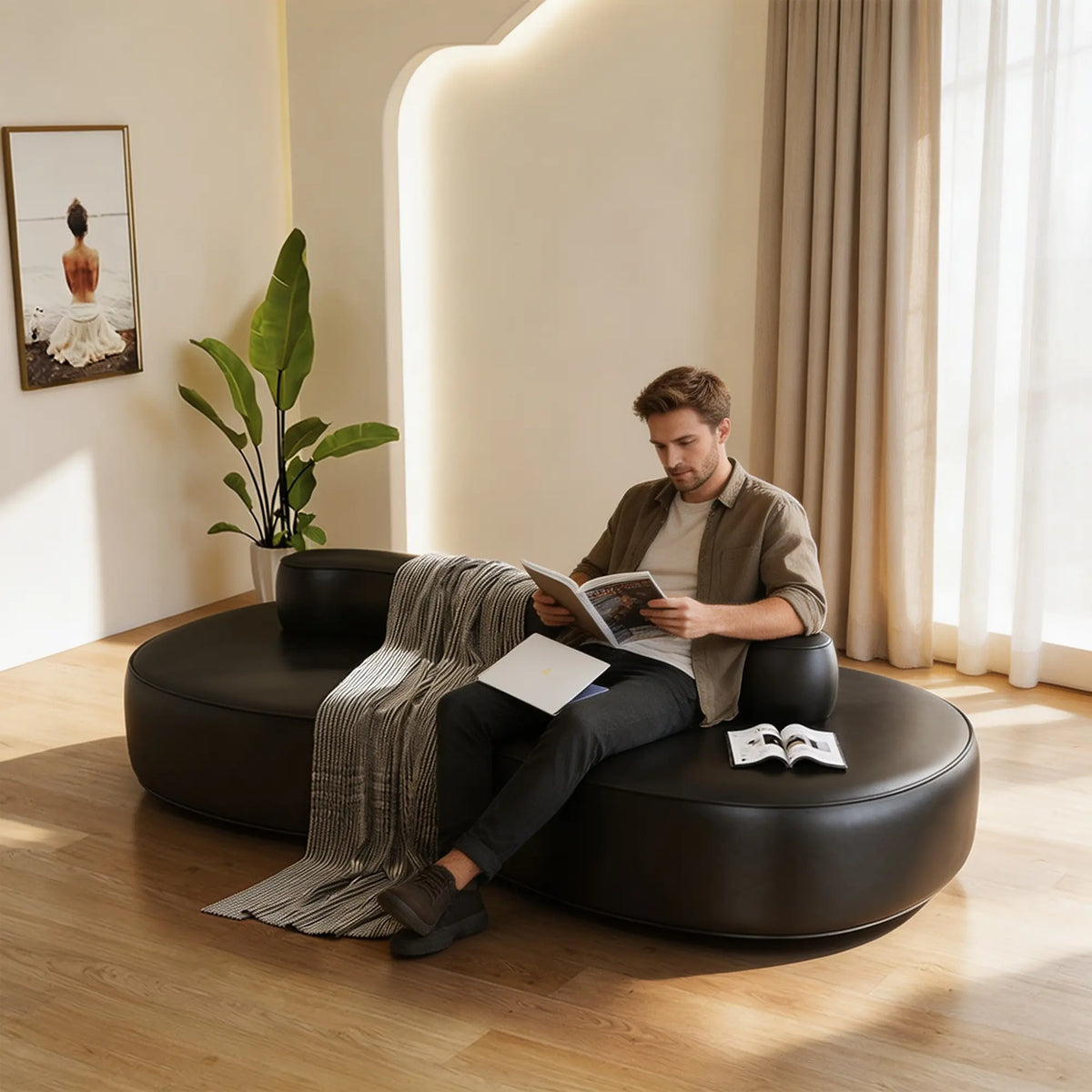 LIVARA Double Sided Modular Sofa Curved Design Scratch Resistant Upholstery High Resilience Cushion 160/210cm for Living Room Reception Area - Black