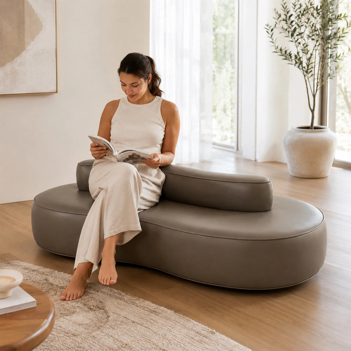 LIVARA Double Sided Modular Sofa Curved Design Scratch Resistant Upholstery High Resilience Cushion 160/210cm for Living Room Reception Area - Grey