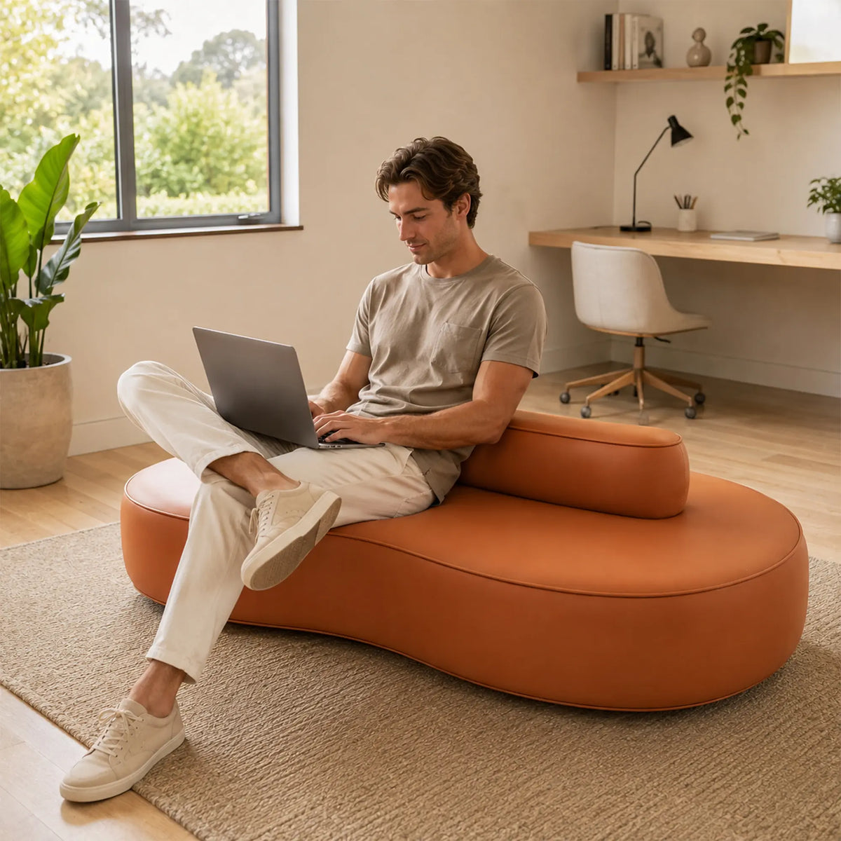 LIVARA Double Sided Modular Sofa Curved Design Scratch Resistant Upholstery High Resilience Cushion 160/210cm for Living Room Reception Area - Orange