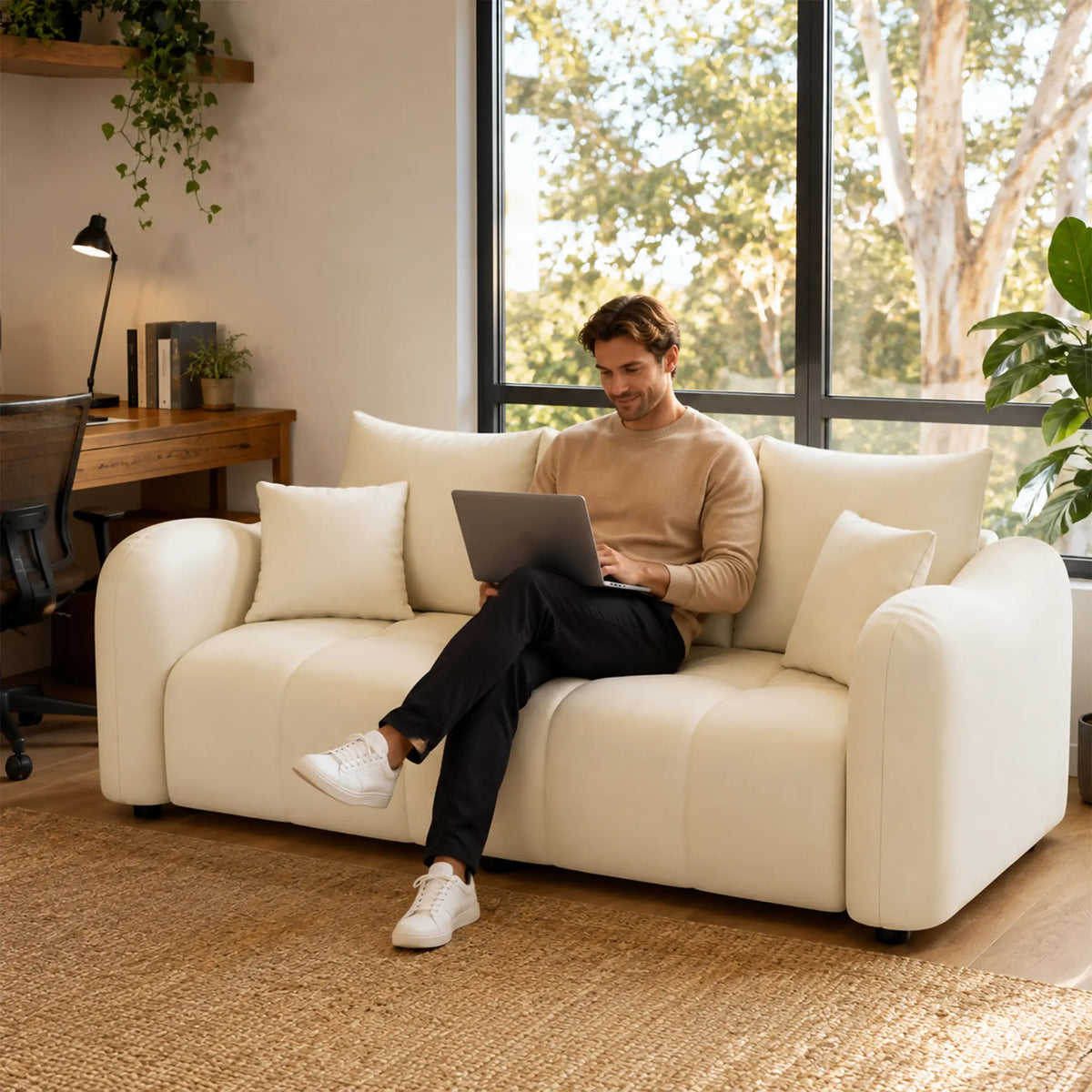 LIVARA Modern Sofa Scratch Resistant Upholstery High Resilience Cushioning Solid Wood Frame 120/180cm for Living Room Apartment - White