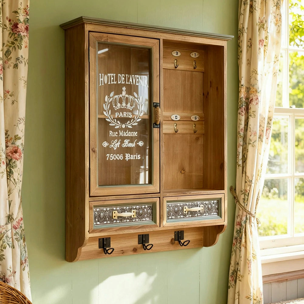 LIVARA Vintage Wall Mounted Display Cabinet Storage Organizer Solid Wood and Glass Rustic Decorative Cabinet