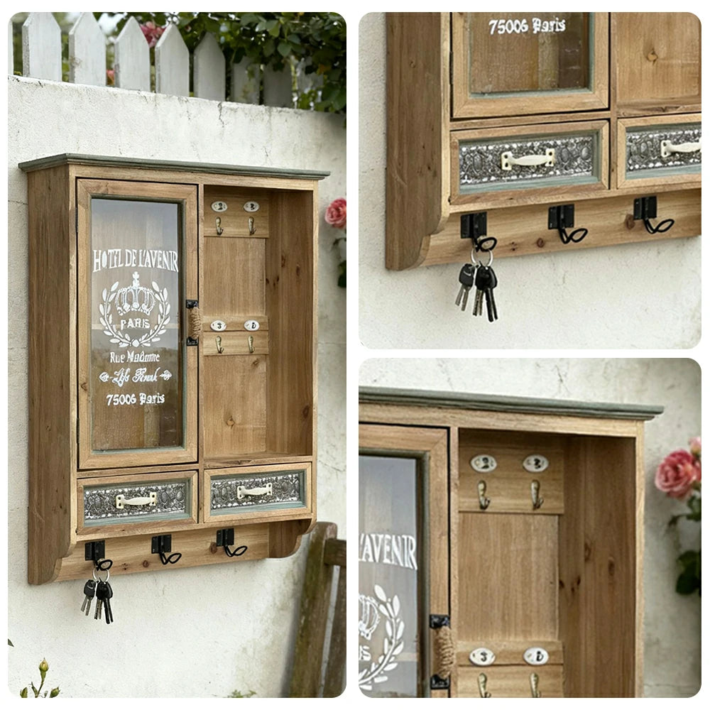 LIVARA Vintage Wall Mounted Display Cabinet Storage Organizer Solid Wood and Glass Rustic Decorative Cabinet