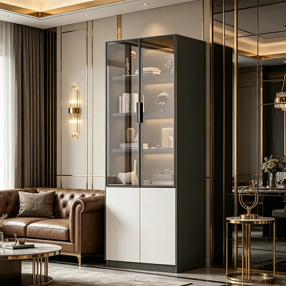 LIVARA Storage Cabinet - Honeycomb Aluminum Frame Glass Door Display Cabinet 60/80cm Living Room Storage - White & Grey