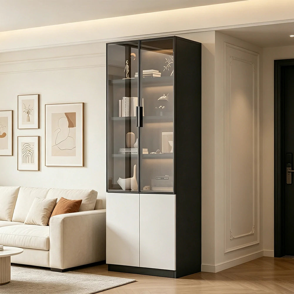 LIVARA Storage Cabinet - Honeycomb Aluminum Frame Glass Door Display Cabinet 60/80cm Living Room Storage - White & Grey