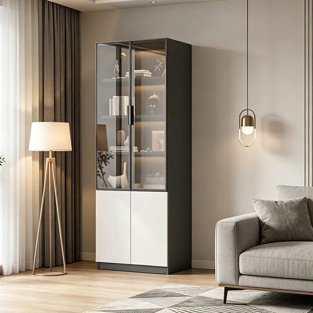 LIVARA Storage Cabinet - Honeycomb Aluminum Frame Glass Door Display Cabinet 60/80cm Living Room Storage - White & Grey