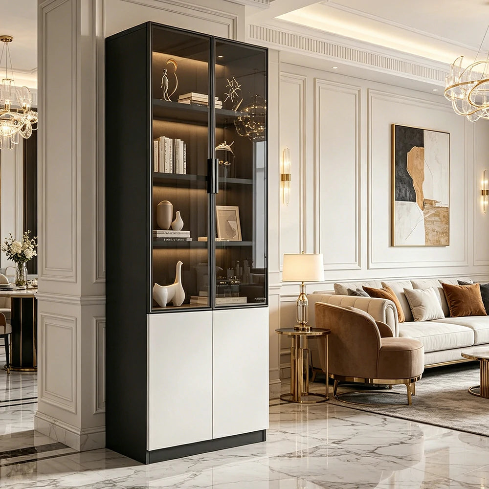 LIVARA Storage Cabinet - Honeycomb Aluminum Frame Glass Door Display Cabinet 60/80cm Living Room Storage - White & Grey