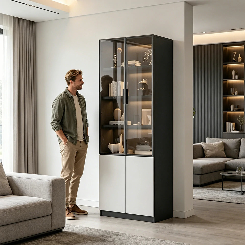 LIVARA Storage Cabinet - Honeycomb Aluminum Frame Glass Door Display Cabinet 60/80cm Living Room Storage - White & Grey