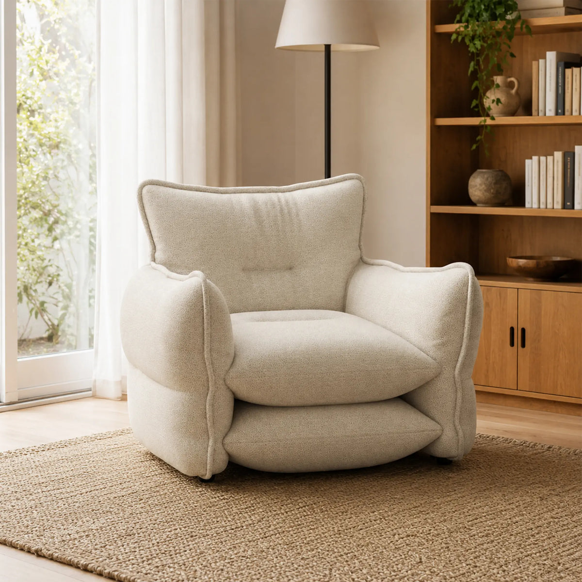 LIVARA Modern Lounge Chair Chenille Upholstery EPS Particle Filling Ergonomic Wraparound Design for Living Room Bedroom Reading Corner - White