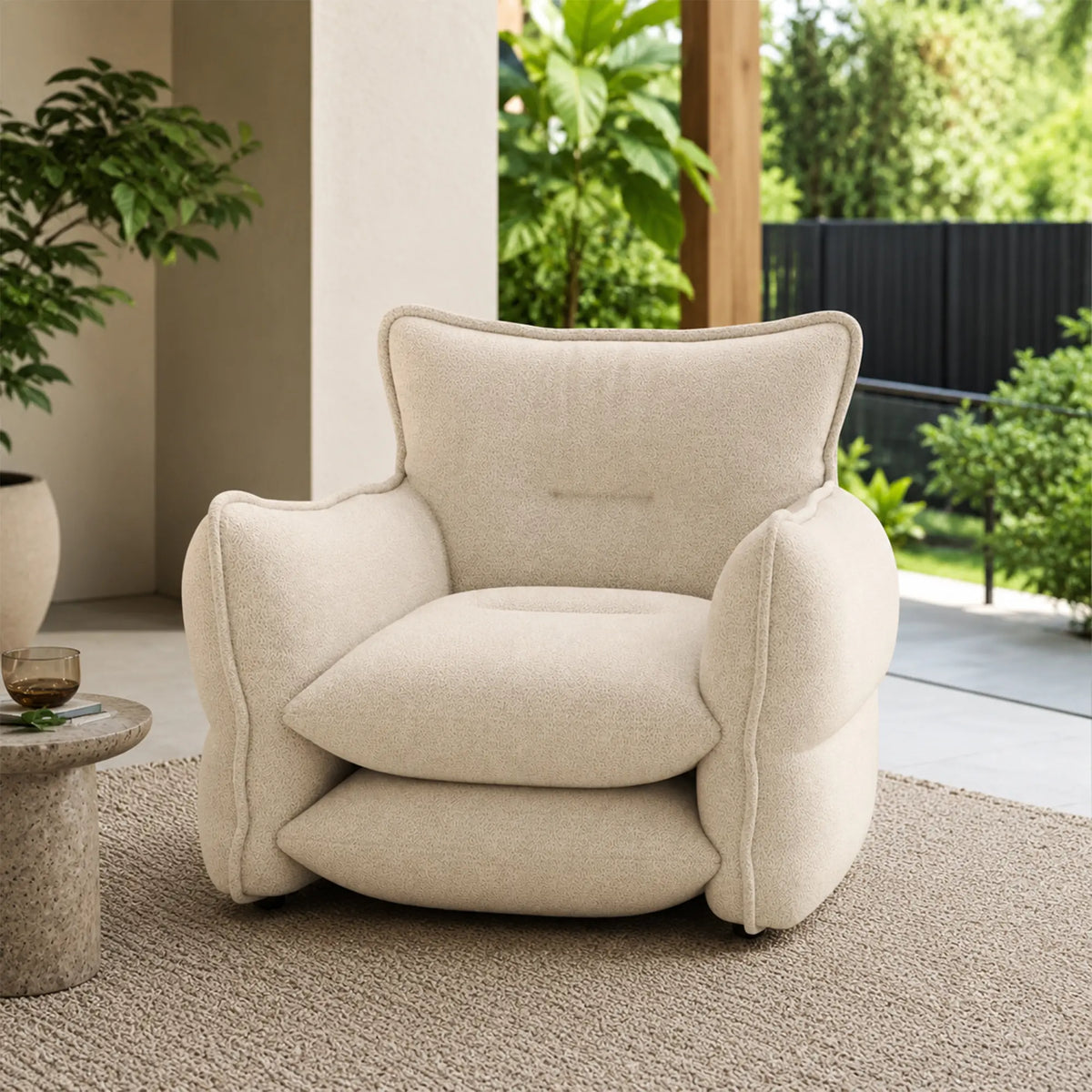 LIVARA Modern Lounge Chair Chenille Upholstery EPS Particle Filling Ergonomic Wraparound Design for Living Room Bedroom Reading Corner - White
