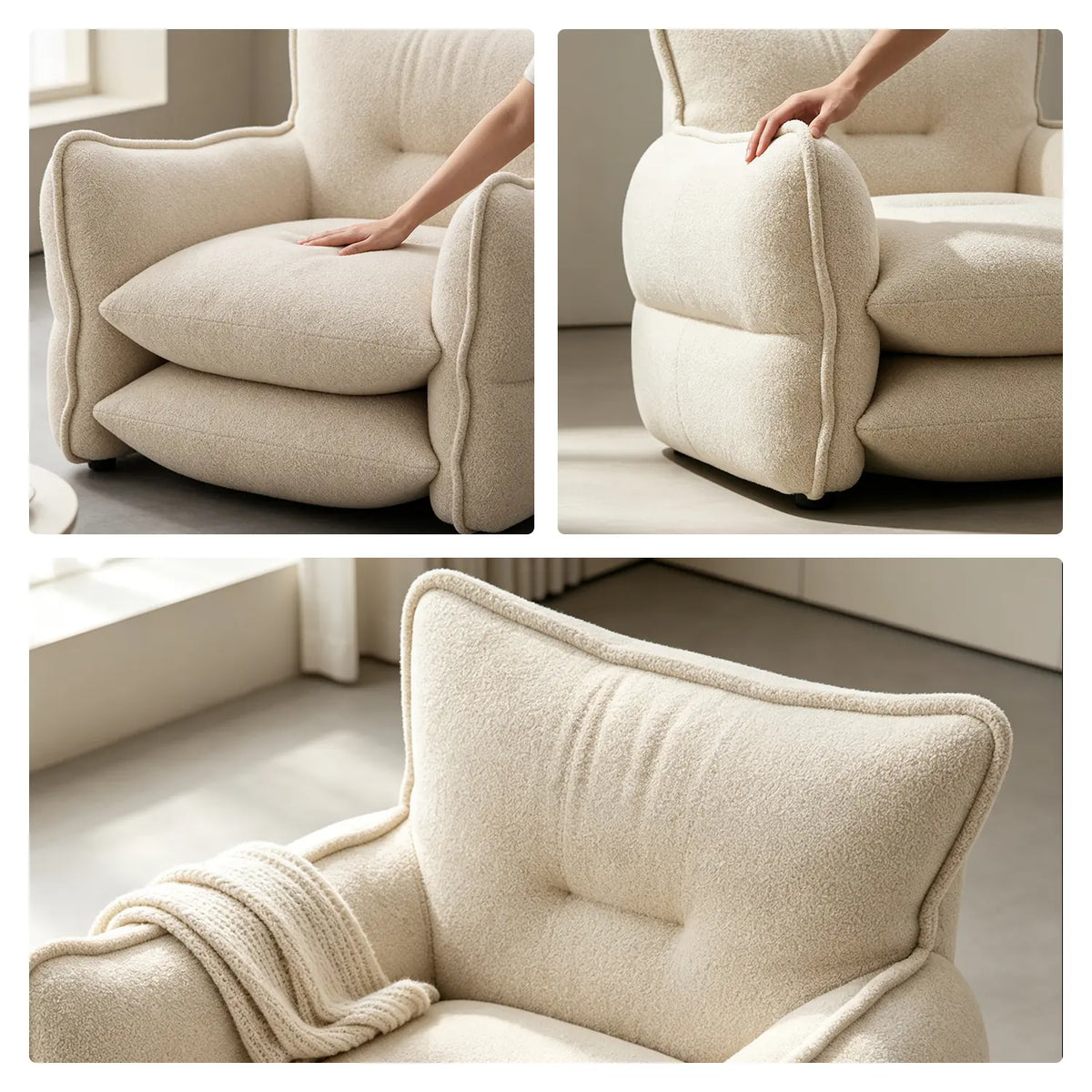 LIVARA Modern Lounge Chair Chenille Upholstery EPS Particle Filling Ergonomic Wraparound Design for Living Room Bedroom Reading Corner - White