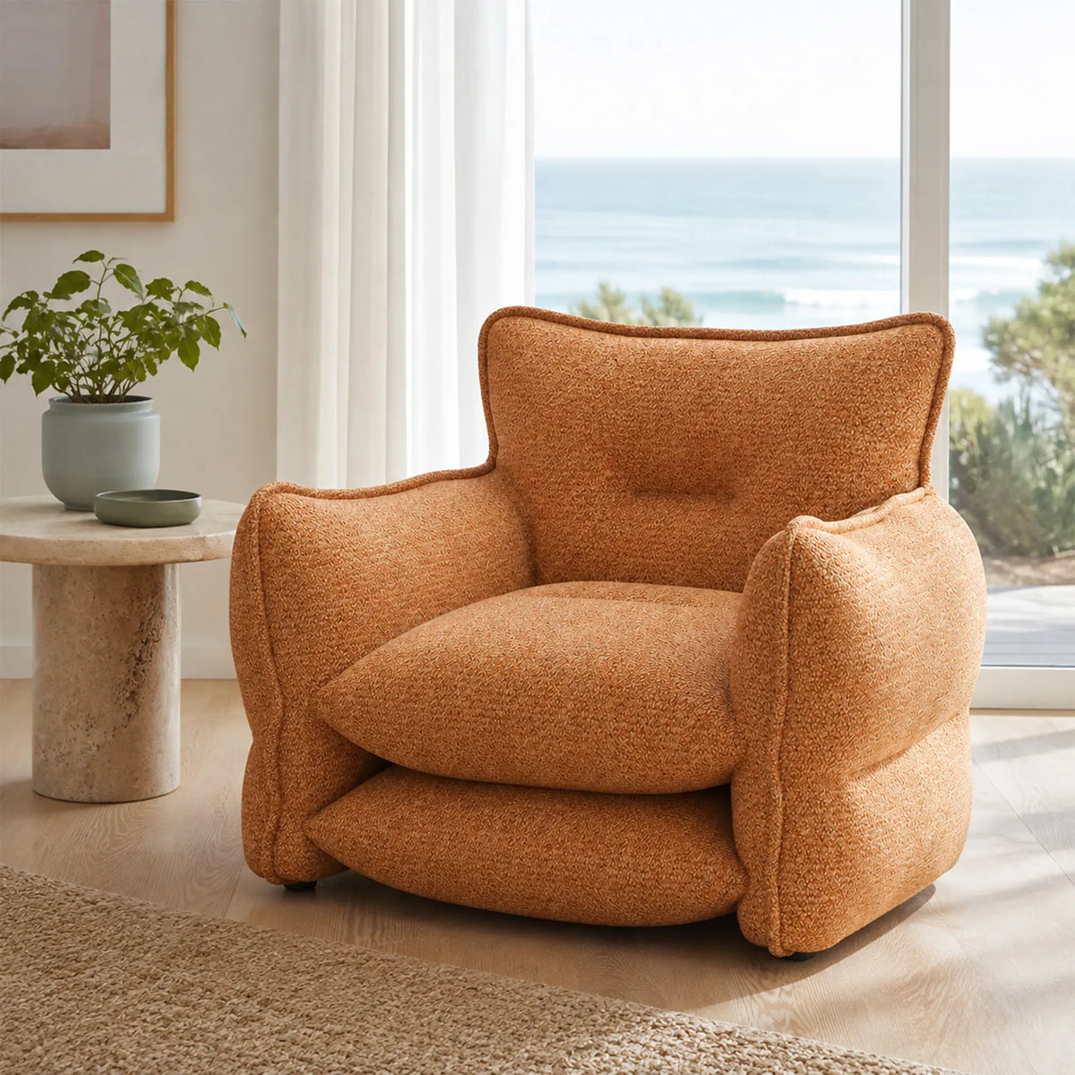 LIVARA Modern Lounge Chair Chenille Upholstery EPS Particle Filling Ergonomic Wraparound Design for Living Room Bedroom Reading Corner - Brown
