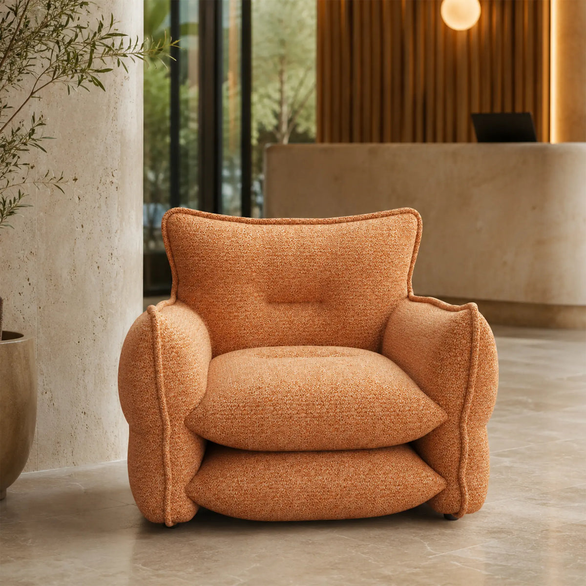 LIVARA Modern Lounge Chair Chenille Upholstery EPS Particle Filling Ergonomic Wraparound Design for Living Room Bedroom Reading Corner - Brown