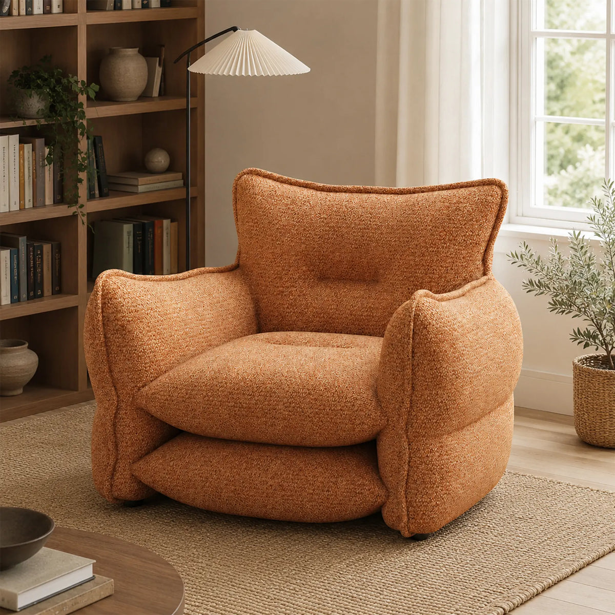 LIVARA Modern Lounge Chair Chenille Upholstery EPS Particle Filling Ergonomic Wraparound Design for Living Room Bedroom Reading Corner - Brown