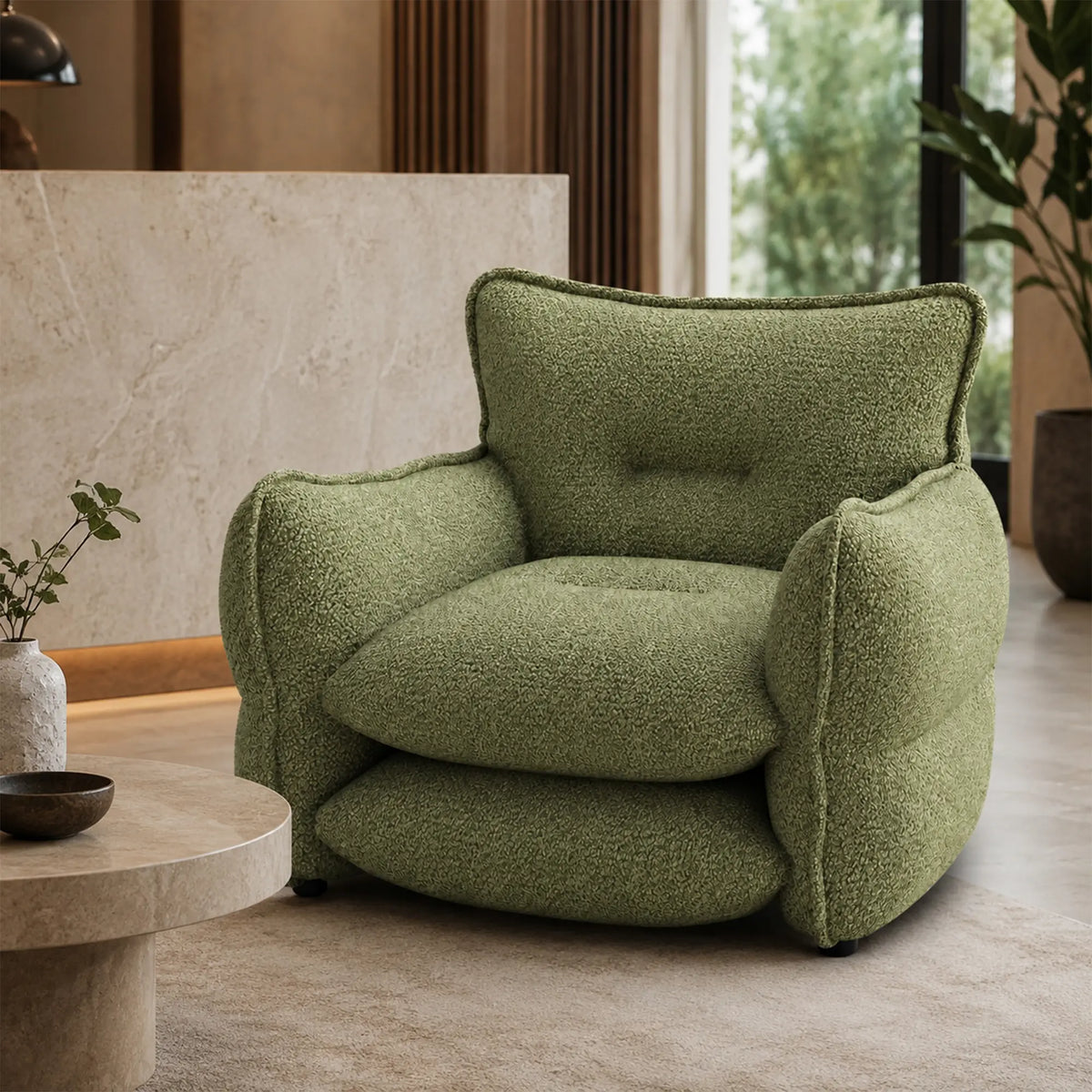 LIVARA Modern Lounge Chair Chenille Upholstery EPS Particle Filling Ergonomic Wraparound Design for Living Room Bedroom Reading Corner - Green