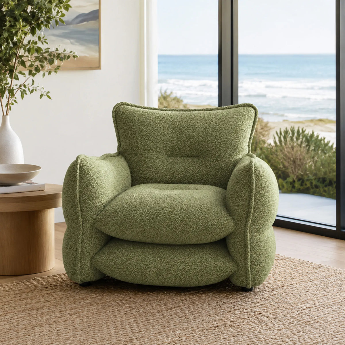 LIVARA Modern Lounge Chair Chenille Upholstery EPS Particle Filling Ergonomic Wraparound Design for Living Room Bedroom Reading Corner - Green