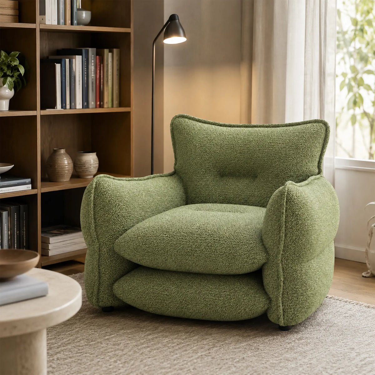 LIVARA Modern Lounge Chair Chenille Upholstery EPS Particle Filling Ergonomic Wraparound Design for Living Room Bedroom Reading Corner - Green