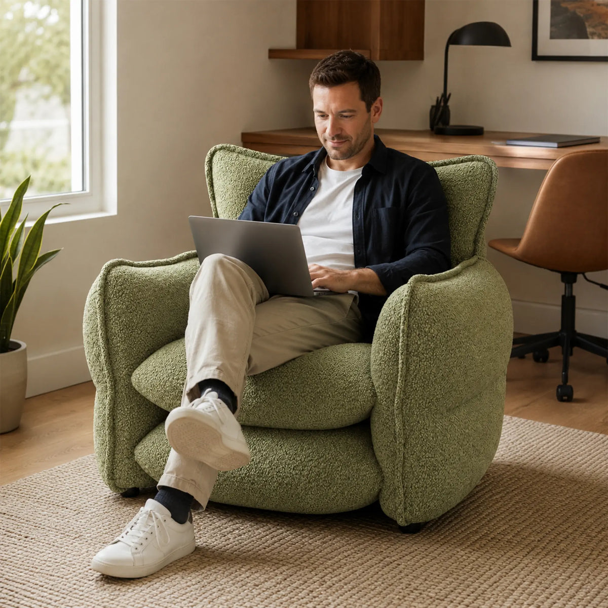LIVARA Modern Lounge Chair Chenille Upholstery EPS Particle Filling Ergonomic Wraparound Design for Living Room Bedroom Reading Corner - Green