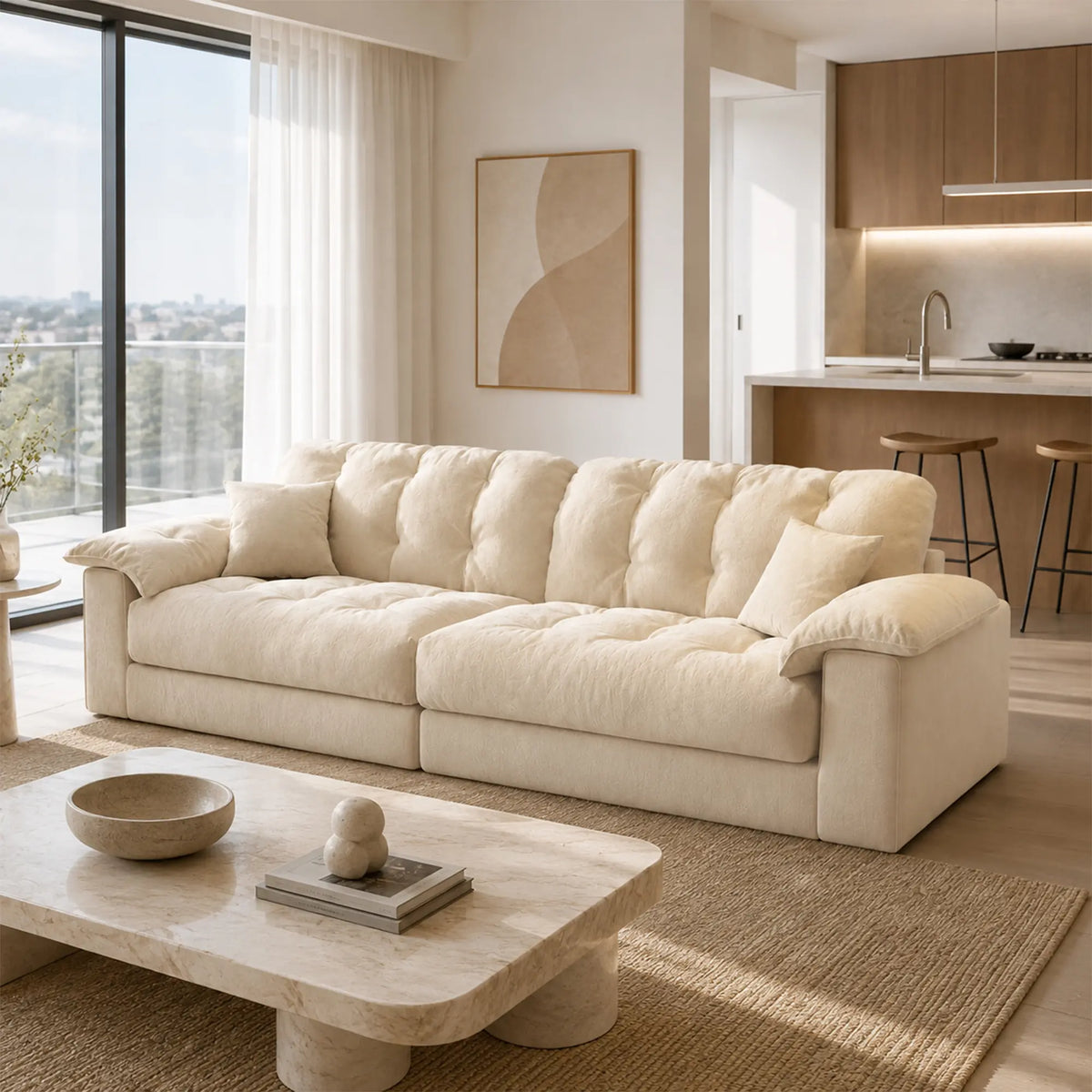 LIVARA Cloud Sofa Cat Scratch Resistant Fabric Latex Cushioning Solid Wood Frame 180/220cm for Living Room Apartment Lounge - White