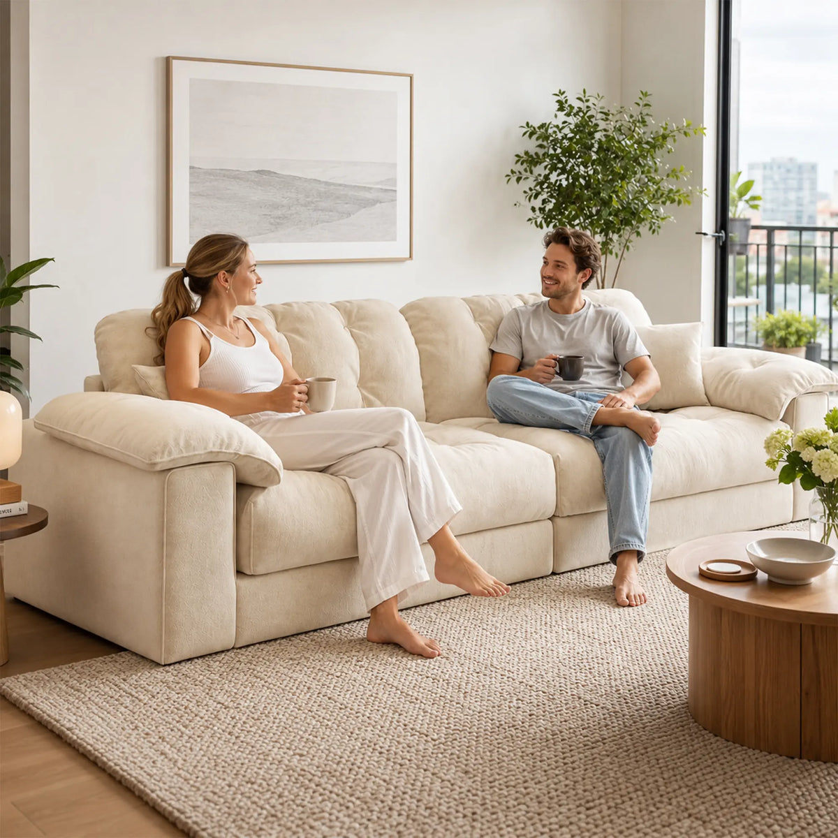 LIVARA Cloud Sofa Cat Scratch Resistant Fabric Latex Cushioning Solid Wood Frame 180/220cm for Living Room Apartment Lounge - White