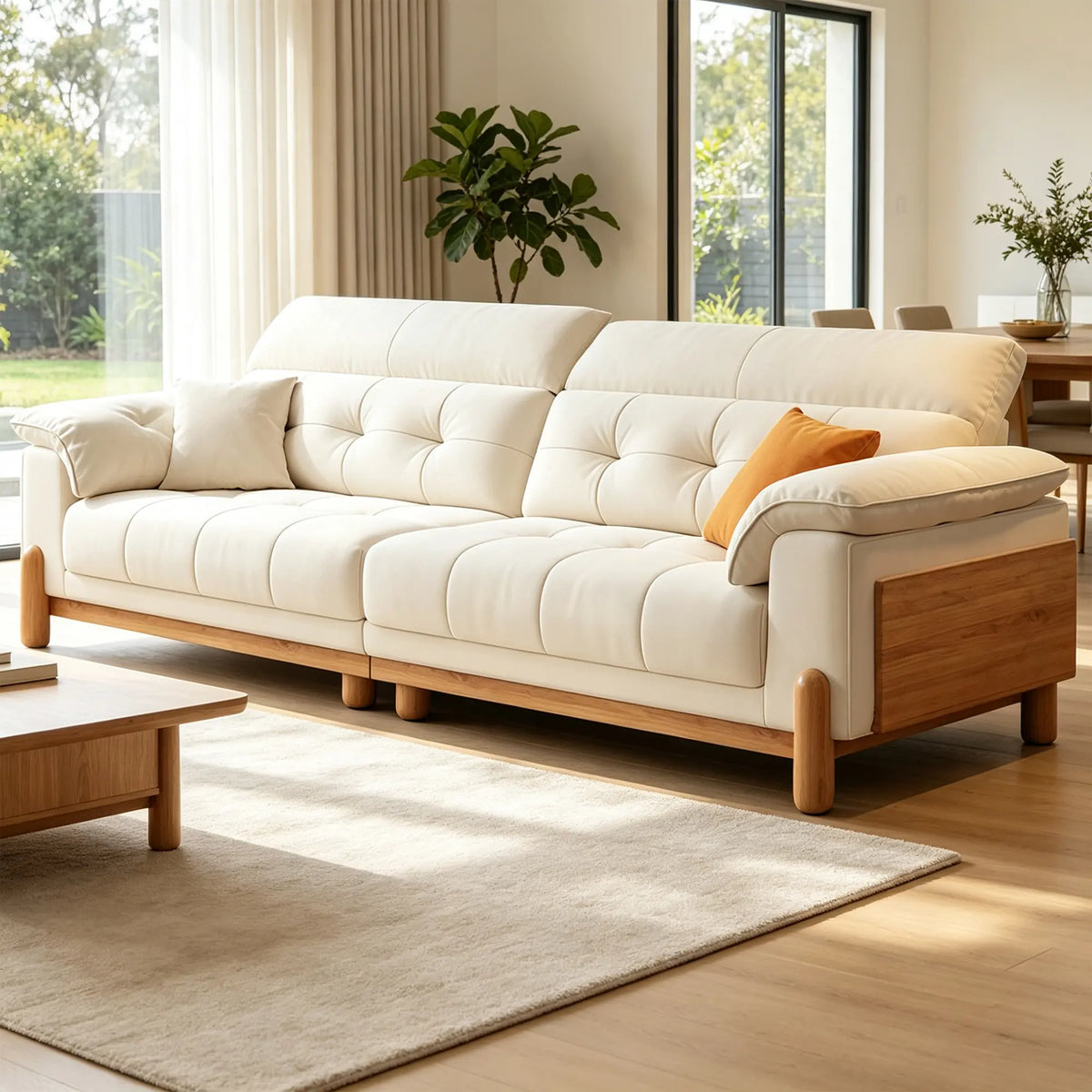 LIVARA Contemporary Sofa Solid Oak Legs Layered Resilient Cushions Antibacterial Upholstery 160/200cm for Living Room Lounge - White