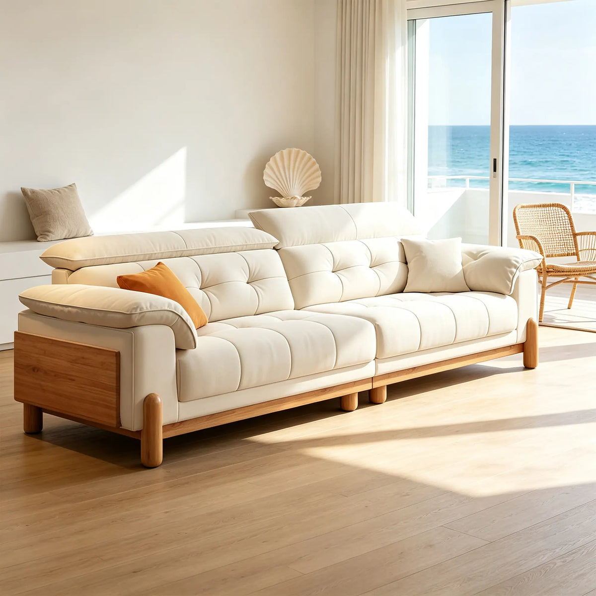 LIVARA Contemporary Sofa Solid Oak Legs Layered Resilient Cushions Antibacterial Upholstery 160/200cm for Living Room Lounge - White