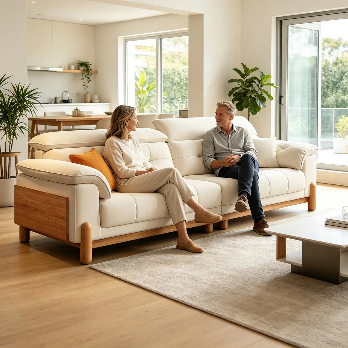 LIVARA Contemporary Sofa Solid Oak Legs Layered Resilient Cushions Antibacterial Upholstery 160/200cm for Living Room Lounge - White