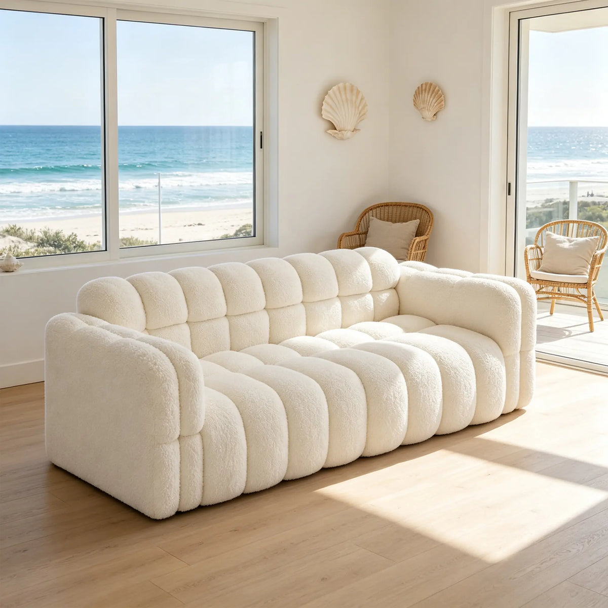 LIVARA Sherpa Sofa Soft Upholstery Deep Seat High Resilience Cushions Solid Wood Frame 150/200cm for Living Room Apartment - White