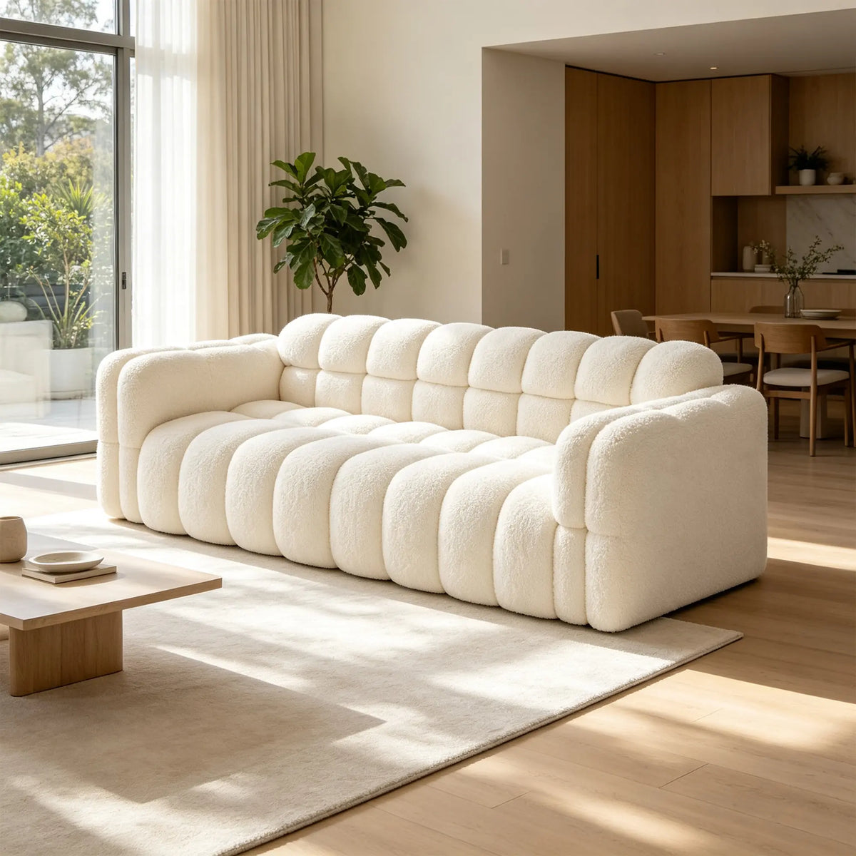 LIVARA Sherpa Sofa Soft Upholstery Deep Seat High Resilience Cushions Solid Wood Frame 150/200cm for Living Room Apartment - White