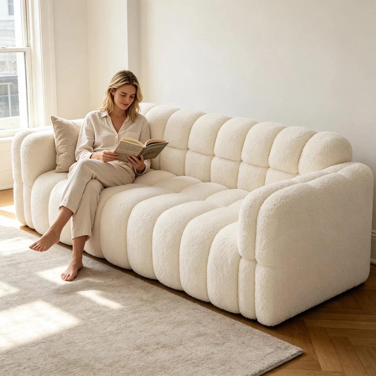 LIVARA Sherpa Sofa Soft Upholstery Deep Seat High Resilience Cushions Solid Wood Frame 150/200cm for Living Room Apartment - White