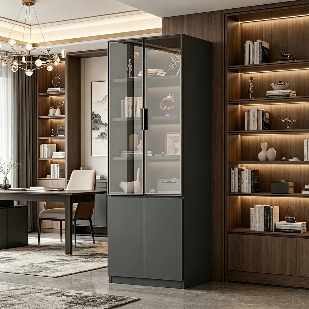 LIVARA Storage Cabinet - Honeycomb Aluminum Frame Glass Door Display Cabinet 60/80cm Living Room Storage - Grey