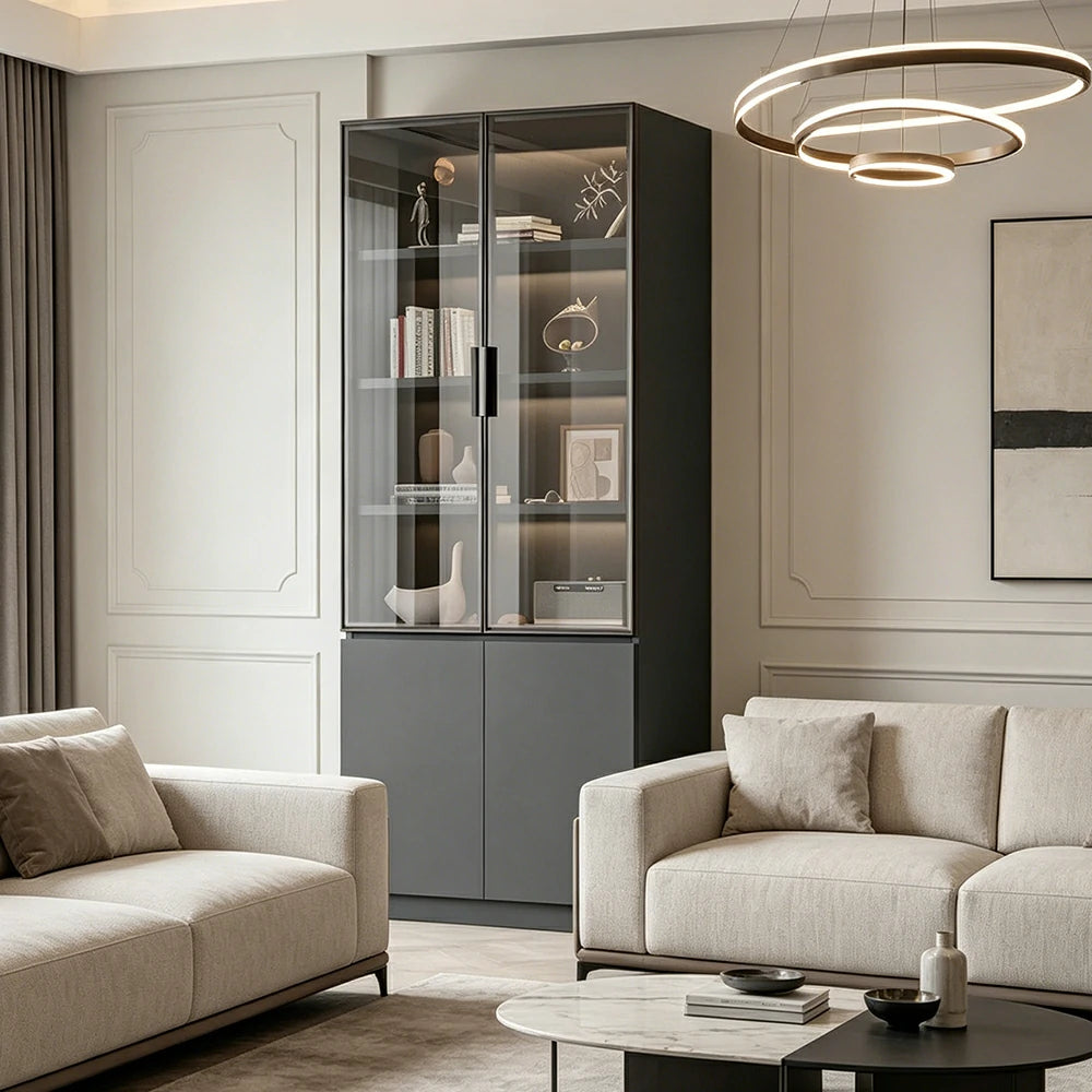 LIVARA Storage Cabinet - Honeycomb Aluminum Frame Glass Door Display Cabinet 60/80cm Living Room Storage - Grey