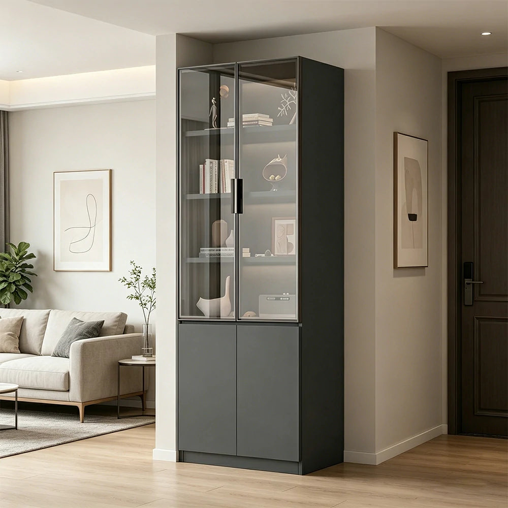 LIVARA Storage Cabinet - Honeycomb Aluminum Frame Glass Door Display Cabinet 60/80cm Living Room Storage - Grey