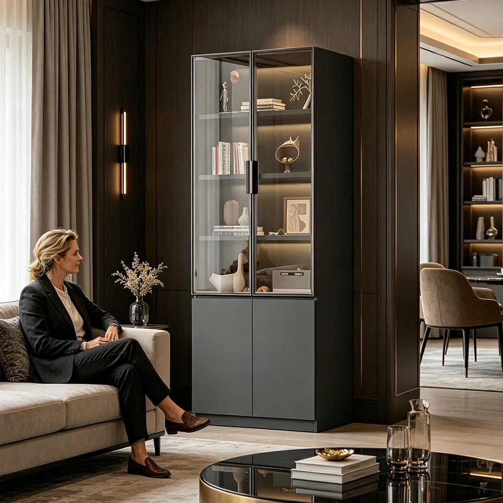 LIVARA Storage Cabinet - Honeycomb Aluminum Frame Glass Door Display Cabinet 60/80cm Living Room Storage - Grey