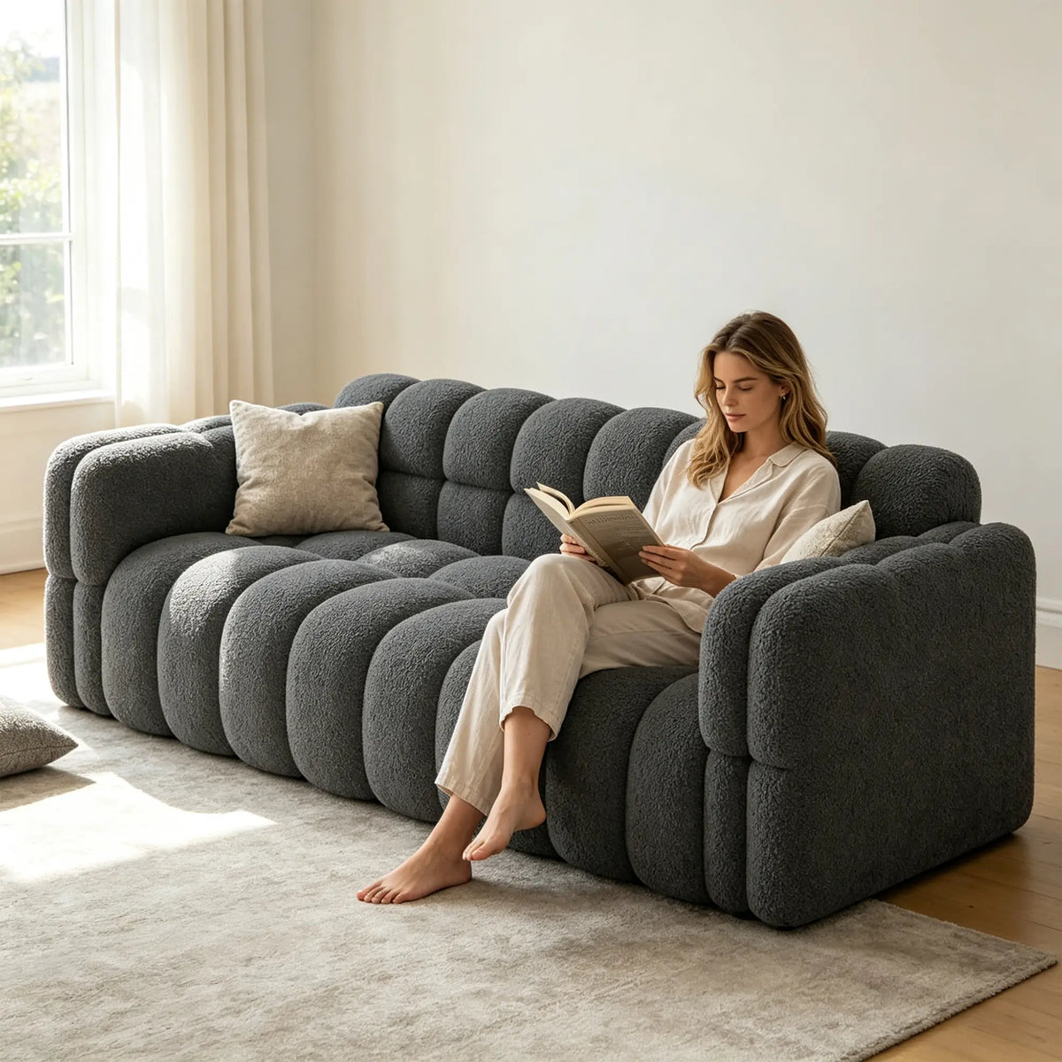 LIVARA Sherpa Sofa Soft Upholstery Deep Seat High Resilience Cushions Solid Wood Frame 150/200cm for Living Room Apartment - Light Grey