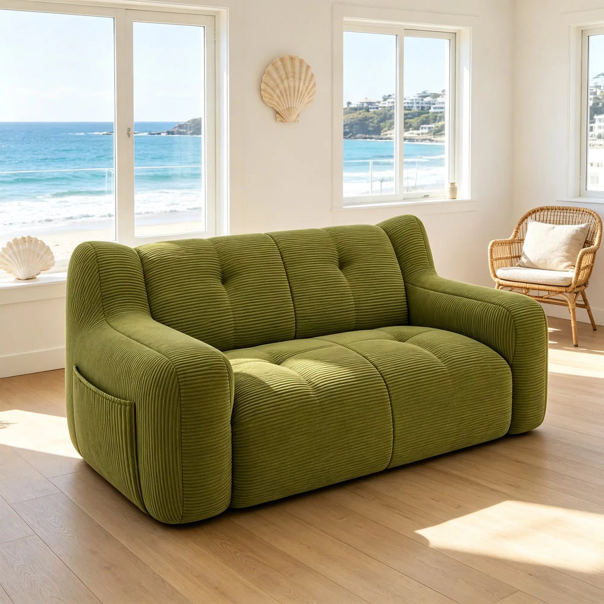 LIVARA 2 Seater Sofa Vintage Corduroy Upholstery Adaptive Particle Filling for Small Living Room Bedroom Apartment - Green