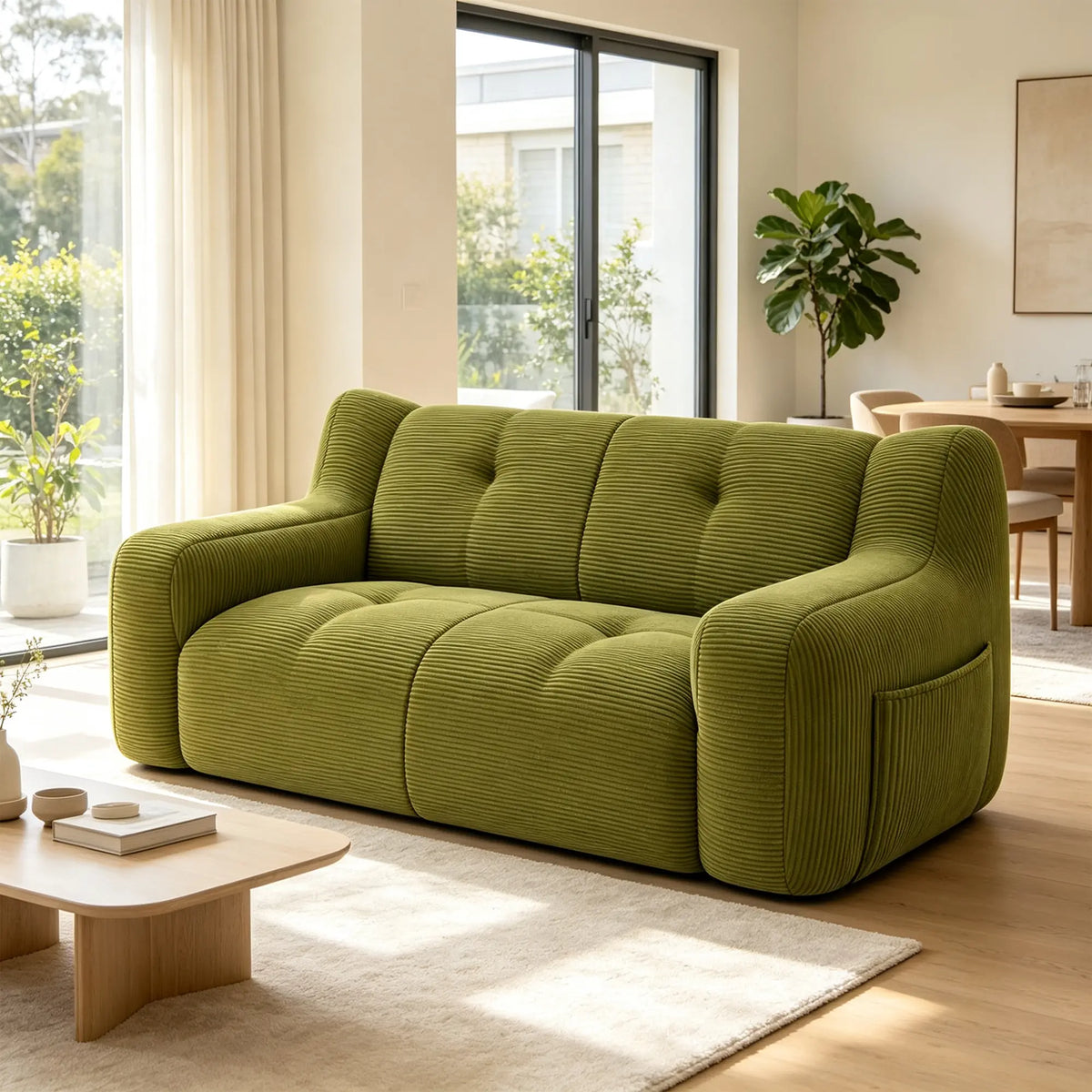 LIVARA 2 Seater Sofa Vintage Corduroy Upholstery Adaptive Particle Filling for Small Living Room Bedroom Apartment - Green