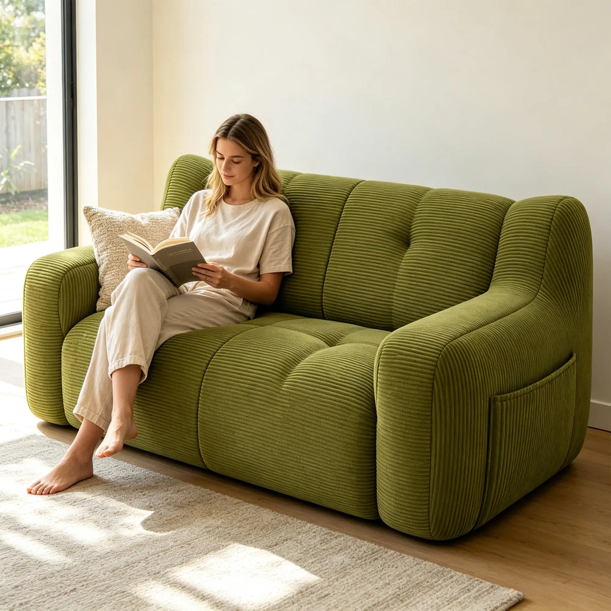 LIVARA 2 Seater Sofa Vintage Corduroy Upholstery Adaptive Particle Filling for Small Living Room Bedroom Apartment - Green
