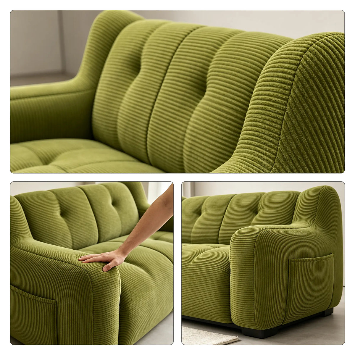 LIVARA 2 Seater Sofa Vintage Corduroy Upholstery Adaptive Particle Filling for Small Living Room Bedroom Apartment - Green