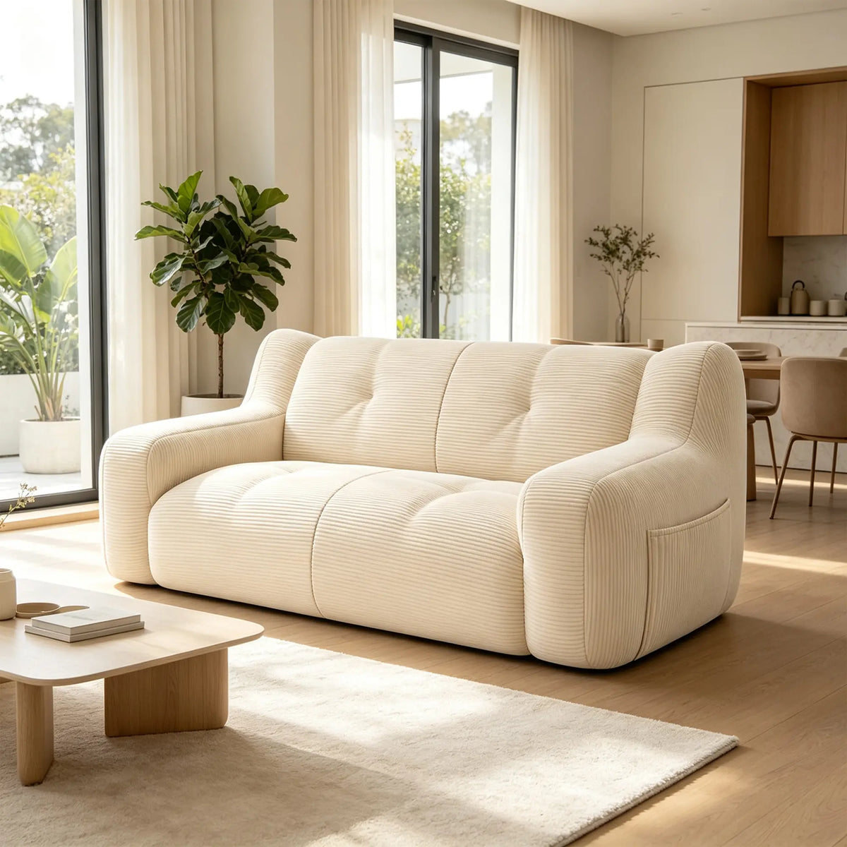 LIVARA 2 Seater Sofa Vintage Corduroy Upholstery Adaptive Particle Filling for Small Living Room Bedroom Apartment - White