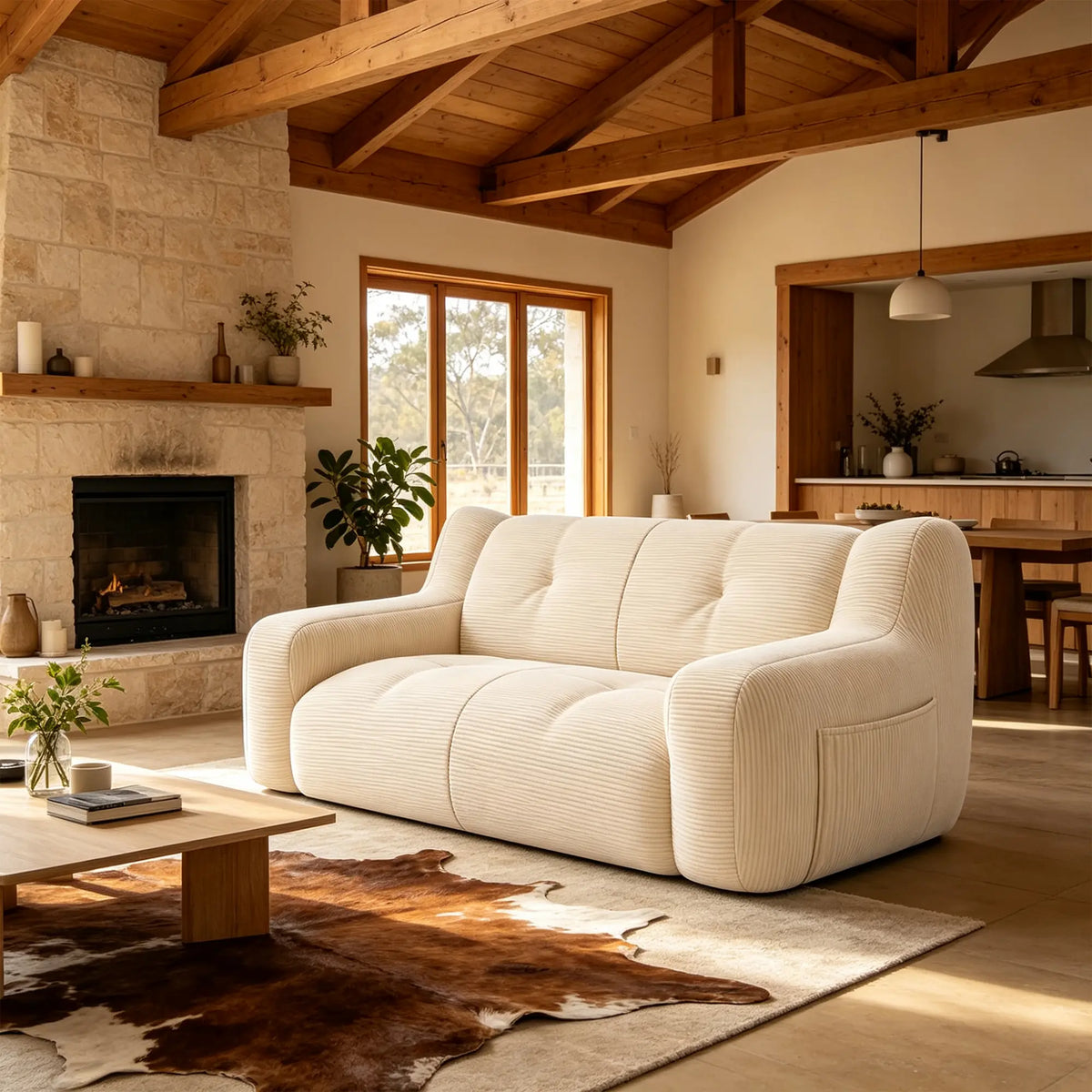 LIVARA 2 Seater Sofa Vintage Corduroy Upholstery Adaptive Particle Filling for Small Living Room Bedroom Apartment - White